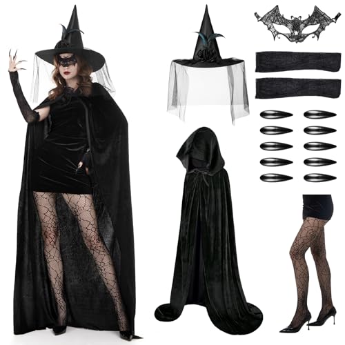 Phestival 17 IN 1 Hexenkostüm Damen - Kostüm Hexe - Hexenhut, Umhang Karneval, Netzstrümpfe, Kostüm Hexe Damen [Small-1.2m] von Phestival