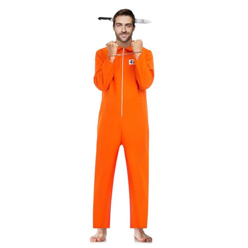 Phestival Karneval Kostüm Herren - Häftling Kostüm Herren - Gefängnis Kostüm Orange, gruseliges Stirnband, Handschellen - Herrn Kostüm Karneval Lustig [Large] von Phestival