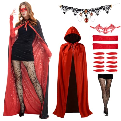 Phestival Vampir Kostüm Damen -[15 in 1 Paket] Deluxe Damen Vampir Teufel Umhang Set mit Premium-Zubehör (Kapuzenumhang, Medium-1.4m) von Phestival