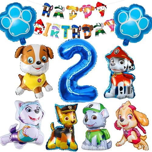 Geburtstag Luftballons Hund, 10 Stück Folienballons Tier Hund Kit, XXL Zahl 2 Ballon Blau, 6 Geformte Folienballons Hund, Hundepfote Folienballons, fur Theme Party Supplies, Kindergeburtstag Deko von Philoctes