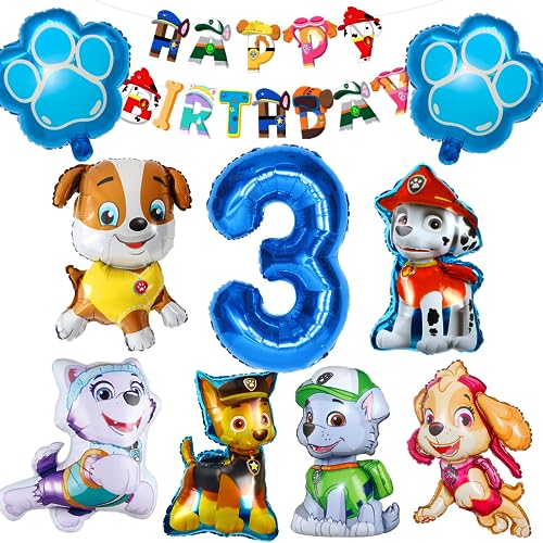 Geburtstag Luftballons Hund, 10 Stück Folienballons Tier Hund Kit, XXL Zahl 3 Ballon Blau, 6 Geformte Folienballons Hund, Hundepfote Folienballons, fur Theme Party Supplies, Kindergeburtstag Deko von Philoctes