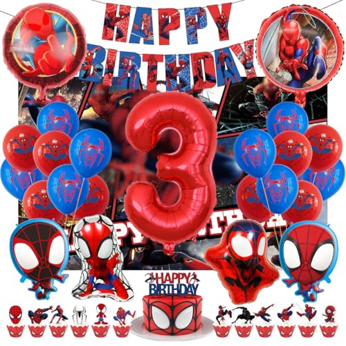Kindergeburtstag Deko 3 Jahre, Spider Luftballons Geburtstagsdeko Themed Party Set Happy Birthday Banner, Rrunde Charakter Ballon Hintergrunddekoration und Latexballons für Junge und Mädchen Kindergeburtstag Deko 3 Jahre, Spider Luftballons Geburtstagsdeko Themed Party Set Happy Birthday Banner, Rrunde Charakter Ballon Hintergrunddekoration und Latexballons für Junge und Mädchen von Philoctes