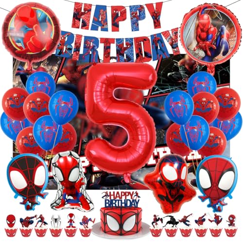 Kindergeburtstag Deko 5 Jahre, Spider Luftballons Geburtstagsdeko Themed Party Set Happy Birthday Banner, Rrunde Charakter Ballon Hintergrunddekoration und Latexballons für Junge und Mädchen Kindergeburtstag Deko 5 Jahre, Spider Luftballons Geburtstagsdeko Themed Party Set Happy Birthday Banner, Rrunde Charakter Ballon Hintergrunddekoration und Latexballons für Junge und Mädchen von Philoctes