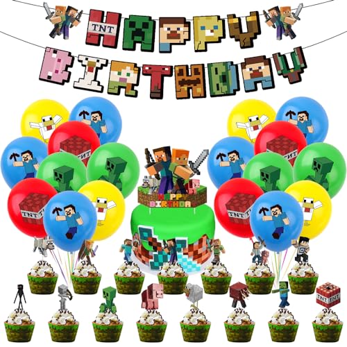 Geburtstagsdeko Spiel Jungen, Gamer Spielthema Geburtstag Party Deko, Happy Birthday Dekoration Banner, Pixel Kindergeburtstag Deko mit Farbige Luftballons Cupcake Topper Geburtstagsdeko Spiel Jungen, Gamer Spielthema Geburtstag Party Deko, Happy Birthday Dekoration Banner, Pixel Kindergeburtstag Deko mit Farbige Luftballons Cupcake Topper von Philoctes