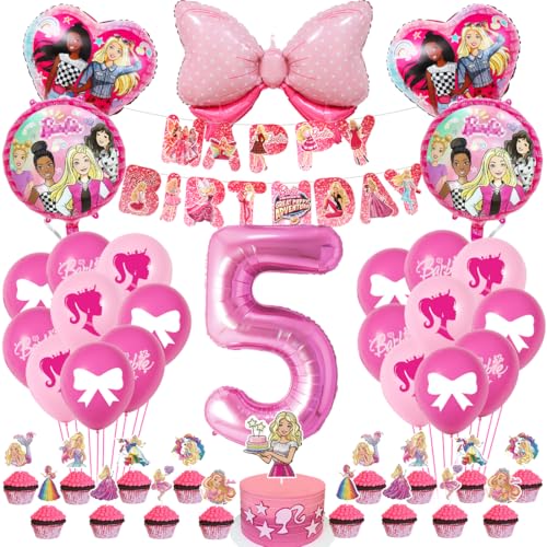 Philoctes Prinzessin Deko Geburtstag 5 Jahre, Mädchen Party Dekoration Geburtstag mit Luftballon Rosa, Tortendeko, Happy Birthday Banner, Mottoparty Karneval Make-up Party Deko Supplies Set von Philoctes