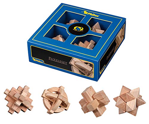 Philos 3502 - Puzzleset II aus Holz (Buche), 4 verschiedene Denk- und Knobelspiele von Philos