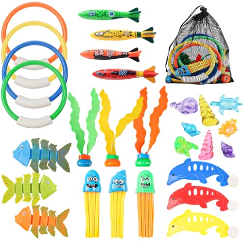 29P Tauchspielzeug Kinder Mitgebsel, Pool Tauchspielzeug Set, Quallen + Delphine + Kreise + Ozean Edelsteine + Fischgräten + Seetang + Fische Minen + Netzsäcke, für Outdoor Strände Poolparty Geschenk 29P Tauchspielzeug Kinder Mitgebsel, Pool Tauchspielzeug Set, Quallen + Delphine + Kreise + Ozean Edelsteine + Fischgräten + Seetang + Fische Minen + Netzsäcke, für Outdoor Strände Poolparty Geschenk von Phlognfy