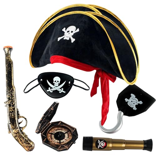 Halloween Piratenhut Set, Piraten Thema Kinder party Zubehör, mit Hut, Totenkopf Augenmaske, Kompass, Piratenpistole, Haken, Teleskop, für Kinder Erwachsene Piraten Cosplay Halloween Dekorationen Halloween Piratenhut Set, Piraten Thema Kinder party Zubehör, mit Hut, Totenkopf Augenmaske, Kompass, Piratenpistole, Haken, Teleskop, für Kinder Erwachsene Piraten Cosplay Halloween Dekorationen von Phlognfy