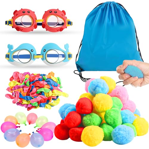 Tauchspielzeug Kinder Mitgebsel, Pool Tauchspielzeug Set, 50 Baumwoll Wasserbomben, 50 Wasserballons, 2 Schwimmbrille, 1 Kordelzugbeutel, Kinder Wasserspielzeug für Outdoor Strände Poolparty Geschenk von Phlognfy