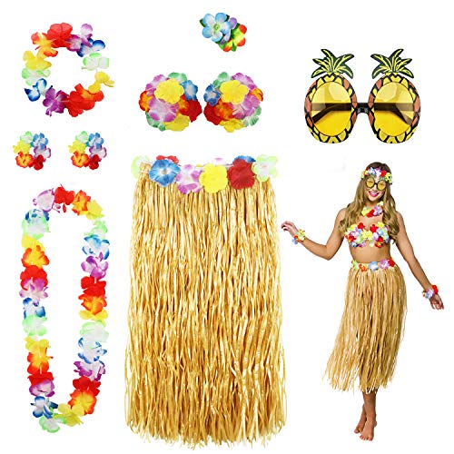 PHOGARY 8 Teilig Hawaii Mottoparty Kostüme Set, Hula Rock (Naturfarben), Blumenkette, Blume-Armbänder, Blumen-BH, Haarblume, Ananas-Sonnenbrille für Tikiparty Beachparty Deko von PHOGARY