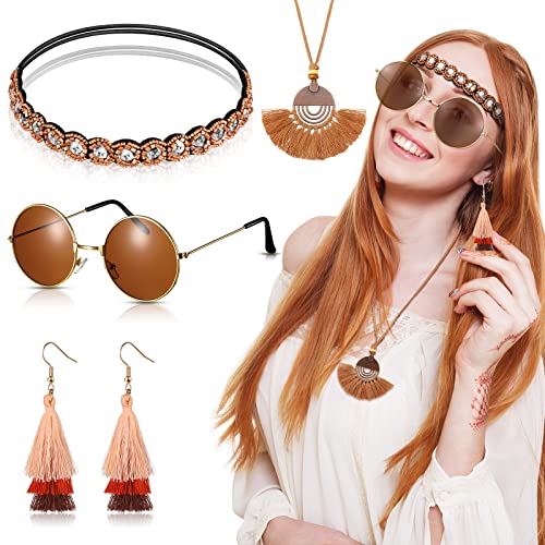 4 Stück Hippie Kostüm Set Boho 60er 70er Kostüm Damen Vintage Hippie Accessoires Set Böhmen Hippie Stirnbänder, Runde Vintage Hippie Brille, Feder Kette und Fransen Ohrring für Mädchen Karneval 4 Stück Hippie Kostüm Set Boho 60er 70er Kostüm Damen Vintage Hippie Accessoires Set Böhmen Hippie Stirnbänder, Runde Vintage Hippie Brille, Feder Kette und Fransen Ohrring für Mädchen Karneval von Photect