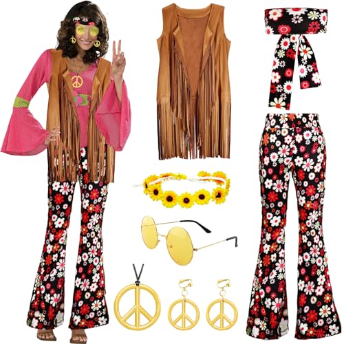 Pianocean Hippie Kostüm Damen Set, 60er 70er Jahre Faschingskostüm Hippie Kleidung Damen mit Fransenweste Schlaghose Hippie Accessoires, Hippie Kostüm für Karneval Party von Pianocean