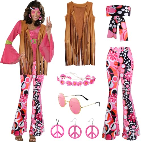 Pianocean Hippie Kostüm Damen Set, 60er 70er Jahre Faschingskostüm Hippie Kleidung Damen mit Fransenweste Schlaghose Hippie Accessoires, Hippie Kostüm für Karneval Party von Pianocean