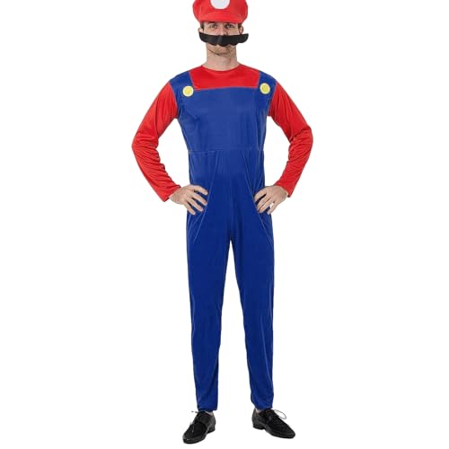 Pianocean Super Brothers Cosplay Kostüm für Erwachsene, Klempner Set, Faschingskostüm Herren Mit Bodysuit Mütze Schnurrbart, Karneval Kostüm für Herren Damen, Halloween von Pianocean