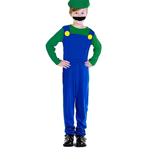 Super Kostüm Brothers Cosplay Kostüm für Kinder, Klempner Kostüm Set, Faschingskostüm Kinder mit Bodysuit Mütze Schnurrbart, Kinder Karneval Kostüm für Jungen Mädchen, Kostüm Kinder für Halloween von Pianocean