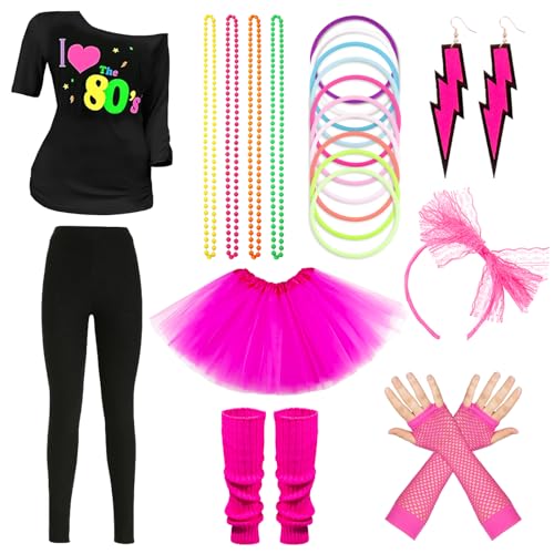 zimuXL 80er Jahre Outfit Damen Set, 20PCS 80er Jahre Kleidung Accessoires Damen Set, Neon Party Outfit, Lips Print T-Shirt Tutu Thermohose, mit 80er Jahre Ohrringe Halskette für 80er Thema Party von Pianocean