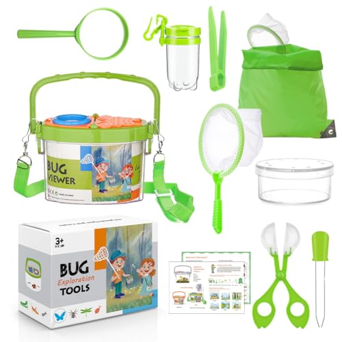 Forscherset Outdoor Spielzeug Set,11 Stück Becherlupen für Kinder Set,mit Insektenfänger, Becherlupe, Mikroskop, Pinzette, Kordelzugbeutel Camping Naturerkundungen Geschenk für Junge und Mädchen(Grün) von Piashow