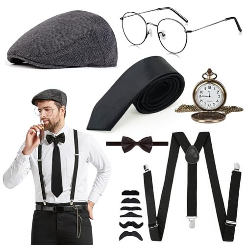 Piashow 1920er Jahre Gatsby Kostümzubehör-Set, 20er-Jahre-Kostüm-Zubehör-Set mit Bart-Hut, Taschenuhr, Hosenträgern, Fliege, Brille, 1920er-Jahre Zubehör für Herren für Gatsby Cosplay Piashow 1920er Jahre Gatsby Kostümzubehör-Set, 20er-Jahre-Kostüm-Zubehör-Set mit Bart-Hut, Taschenuhr, Hosenträgern, Fliege, Brille, 1920er-Jahre Zubehör für Herren für Gatsby Cosplay von Piashow