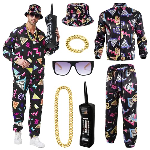 80er 90er Jahre Outfit Herren, Karneval Kostüm Herren Retro Trainingsanzug Hip Hop Bad Taste Outfit mit Jacke Hose Goldkette Armbänder Hüte Brille Aufblasbare Portable Telefone für Karneval, Halloween 80er 90er Jahre Outfit Herren, Karneval Kostüm Herren Retro Trainingsanzug Hip Hop Bad Taste Outfit mit Jacke Hose Goldkette Armbänder Hüte Brille Aufblasbare Portable Telefone für Karneval, Halloween von Piashow