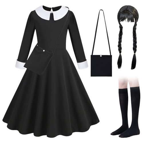 Wednesday Kostüm Kinder, Campus-Stil Schwarzes kleid mit Perücke, Tasche, Socken, Wednesd Adam Kostüm für Mädchen Von 4–13 Jahren, Schwarzes Kostüm für Halloween Karneval Fasching Cosplay Party Wednesday Kostüm Kinder, Campus-Stil Schwarzes kleid mit Perücke, Tasche, Socken, Wednesd Adam Kostüm für Mädchen Von 4–13 Jahren, Schwarzes Kostüm für Halloween Karneval Fasching Cosplay Party von Piashow