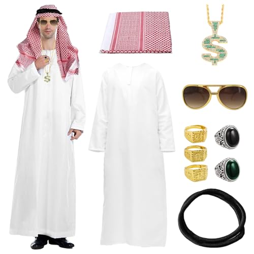 Scheich Kostüm Herren, Araber Kostüm Herren Set mit Kopftuch,5 Rings,Halsketten, Sonnenbrillen,Faschingskostüme Männer Lustig Karneval Kostüm Herren Scheich Lustige Kostüme für Karneval,Partys,Cosplay Scheich Kostüm Herren, Araber Kostüm Herren Set mit Kopftuch,5 Rings,Halsketten, Sonnenbrillen,Faschingskostüme Männer Lustig Karneval Kostüm Herren Scheich Lustige Kostüme für Karneval,Partys,Cosplay von Piashow