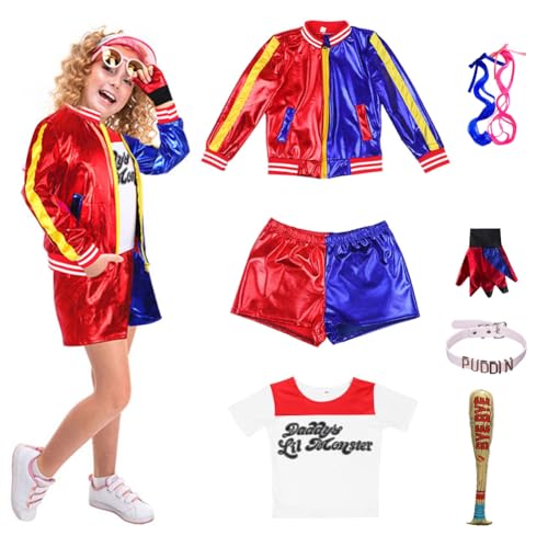 Quinn Kostüm Kinder Cosplay-Kostüm Mädchen Bösewicht Suicide Kostüm Kit enthalten Jacke,T-Shirt,Shorts und Handschuh Aufblasbarer Baseballschläger,Harley Cosplay Kostüme für Halloween Karneval Cosplay von Piashow