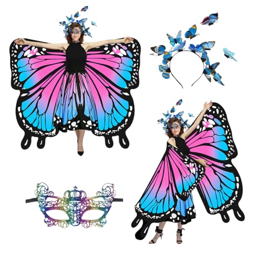 Piashow Schmetterling Kostüm Damen 4er Set, Schmetterlingsflügel für Erwachsene, Lange Frauenkleider, Masken, Schmetterlings Kostüm Zubehör (Blau und rosa doppelseitig) von Piashow