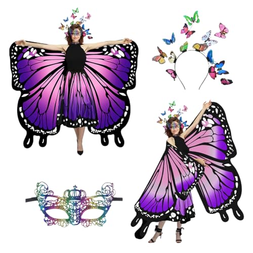 Schmetterling Kostüm Damen 4er Set, Schmetterlingsflügel für Erwachsene, Lange Frauenkleider, Masken, Schmetterlings Kostüm Zubehör (Lila und rosa doppelseitig) von Piashow