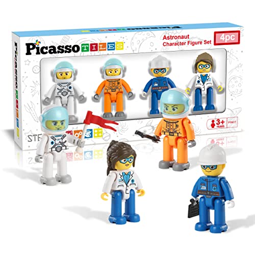 Picasso Toys Magnetic Character Action Figures 4 Piece Astronaut for Building Block Tile Toddler Toy Set Magnet Expansion Pack Age 3 and up Educational STEM Learning Pretend Playset Construction PTA17 von PicassoTiles