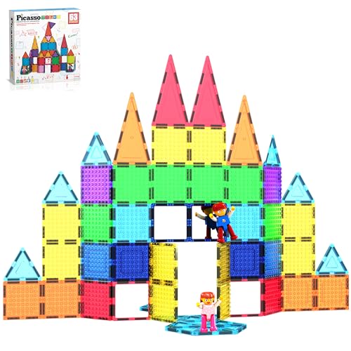 PicassoTiles, 63-teiliges magnetisches Baustein-Set mit 2 Charakterfiguren, Konstruktions- und Stapelspielzeug, STEM-3D-Spielzeugset, kreatives Lernset, Magnet-Montessori-Spielset, ab 3 Jahren von PicassoTiles