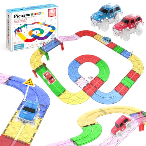 PicassoTiles 30-teiliges Rennauto-Track-Baustein Lernspielzeug-Set Magnetfliesen Magnet DIY-Spielset 2 Race-Car-Trucks Spielzeug STEM Learning Baukasten Hand-Auge-Koordination Feinmotorik von PicassoTiles