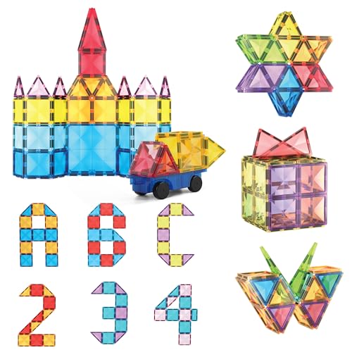 PicassoTiles Magnetische Bausteine in Diamantform, 63 Stück – Fliesenblöcke mit Auto und LKW – Set d von PicassoTiles