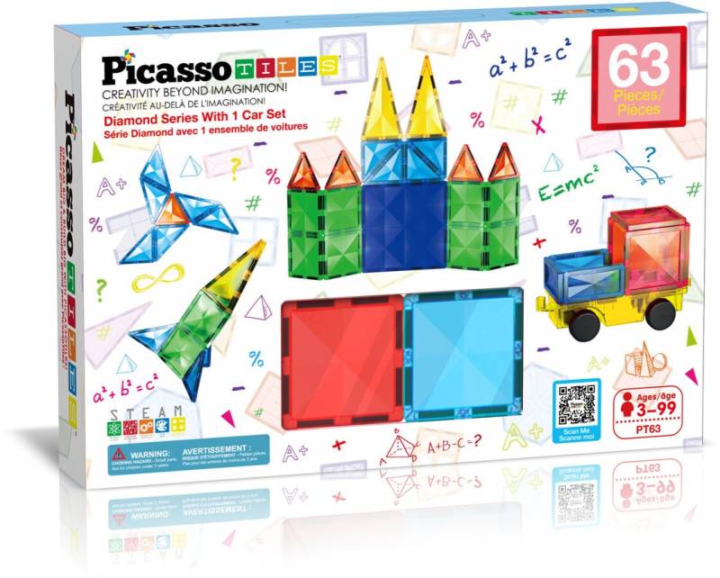 PicassoTiles Diamond Series Magnetischer Bausatz mit Auto 63 Teile von PicassoTiles