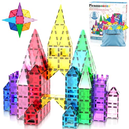 PicassoTiles Magnet-Bausteine ​​mit Auto-Basis, Aufbewahrungstasche mit Kordelzug, Reisetasche, Tragetasche, Magnet-Bausteine, Konstruktionsspielzeug, STEM-Lernset, Bildungsset 3+, PC61 von PicassoTiles