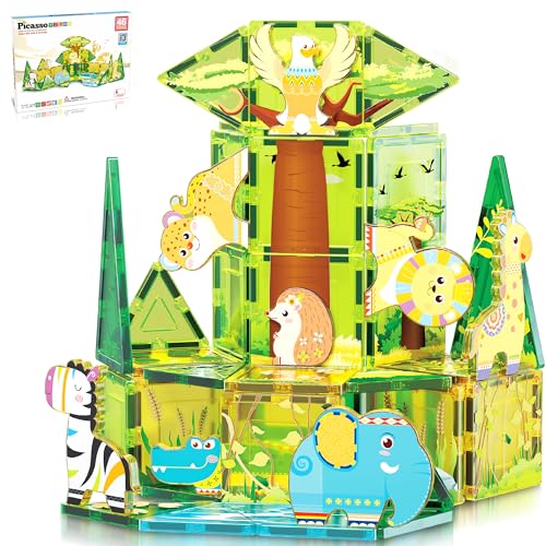 PicassoTiles Magnet Tile Building Block Safari Themed Set with 8 Compatible Magnetized Animal Action Figures Build Blocks Toddler Creativity Toys STEAM Educational Learning Skills Ages 3+ PTQ12 von PicassoTiles