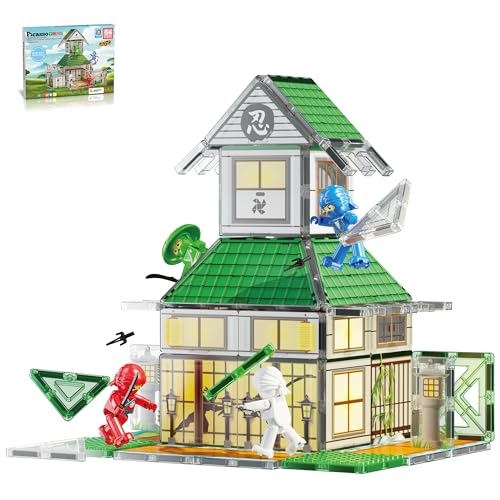 PicassoTiles Magnet Tile Building Blocks Ninja Dojo House Theme STEM Playset with 4 Character Action Figure Ninjas Weapon Accessories Magnetic Tiles Educational Toy Pretend Play Toddlers Ages 3+ PTQ07 von PicassoTiles