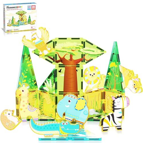 PicassoTiles Magnet Tile Building Blocks Safari Themed Playset with 8 Animal Character Action Figures Magnetic Tiles STEM Learning Imaginative Play Toy Construction Set Preschool Toddler Ages 3+ PTQ22 von PicassoTiles