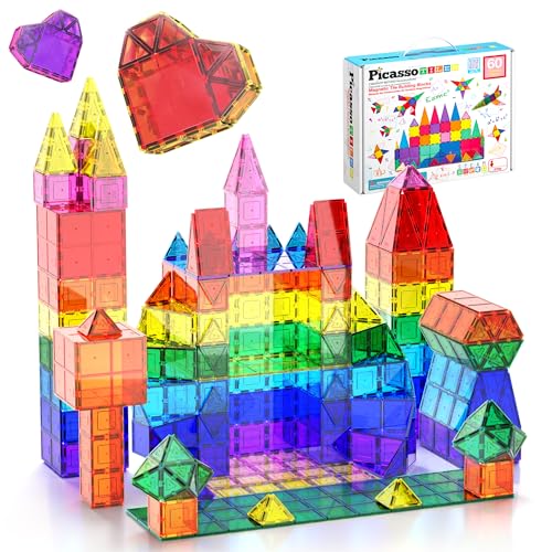PicassoTiles Magnetic Tiles 60pcs Kids Toys Classroom Sensory Toy for Toddlers STEM Learning Building Blocks, Montessori Pretend Play Magnet Tile Construction Stacking Block Boys Girls Ages 3+ PT60 von PicassoTiles
