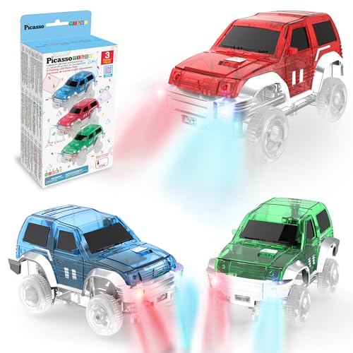 PicassoTiles Magnetisches Spielzeugauto-Set, beleuchtet, sehr detailliert, kompatibel mit Magnet-Rennbahn, STEM-LKW, Ersatzzubehör, pädagogische Bausätze für Kleinkinder, Jungen und Mädchen, ab 3 von PicassoTiles