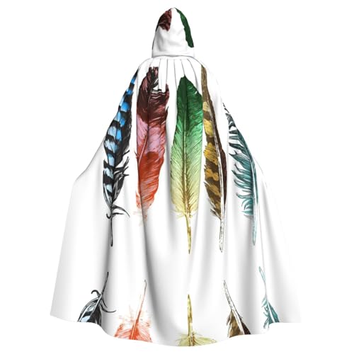 Pidgazdfgv Bunte, handgezeichnete Federn auf weißem Kapuzenumhang, Unisex, für Erwachsene, Cosplay-Kostüme, 147,3 cm, Halloween, Weihnachten, Party, Verkleidung von Pidgazdfgv