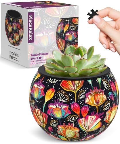PieceRelax 3D Puzzle Blumentopf - Colorful Poppies [K1118], kleine runde Pflanztöpfe, künstliche Pflanzen blumentopf für Zimmerpflanze, 80 Kunststoff-Puzzleteile von PieceRelax