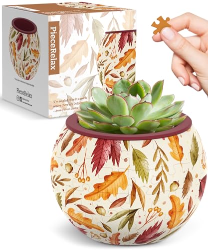 PieceRelax 3D Puzzle Blumentopf - Dancing Leaves in Fall [K1108], kleine runde Pflanztöpfe, künstliche Pflanzen blumentopf für Zimmerpflanze, 80 Kunststoff-Puzzleteile von PieceRelax