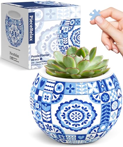 PieceRelax 3D Puzzle Blumentopf - Danish Folklore Style [K1117], kleine runde Pflanztöpfe, künstliche Pflanzen blumentopf für Zimmerpflanze, 80 Kunststoff-Puzzleteile von PieceRelax