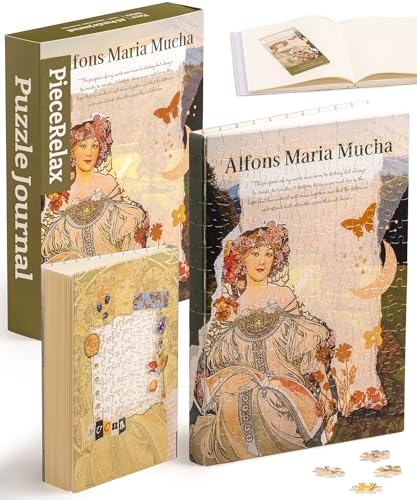 PieceRelax Puzzle Buchumschlag Alphonse Mucha - Reverie Diary [YA1057], A5 Liniertes Notizbuch, Transparente Buchhülle, Stifthalter, Lesezeichen, 329 Teile von PieceRelax