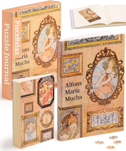 PieceRelax Puzzle Buchumschlag Alphonse Mucha - The Art Palace [YA1058], A5 Liniertes Notizbuch, Transparente Buchhülle, Stifthalter, Lesezeichen, 329 Teile von PieceRelax