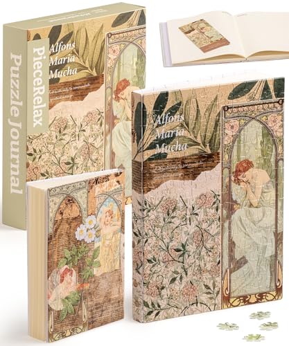 PieceRelax Puzzle Buchumschlag Alphonse Mucha - The Times of The Day [YA1059], A5 Liniertes Notizbuch, Transparente Buchhülle, Stifthalter, Lesezeichen, 329 Teile von PieceRelax