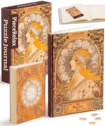 PieceRelax Puzzle Buchumschlag Alphonse Mucha - Zodiac [YA1056], A5 Liniertes Notizbuch, Transparente Buchhülle, Stifthalter, Lesezeichen, 329 Teile von PieceRelax