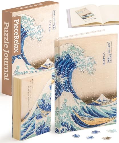 PieceRelax Puzzle Buchumschlag Katsushika Hokusai - The Great Wave [YA1066], A5 Liniertes Notizbuch, Transparente Buchhülle, Stifthalter, Lesezeichen, 329 Teile von PieceRelax