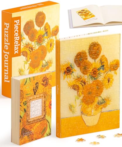 PieceRelax Puzzle Buchumschlag Van Gogh - Sunflowers [YA1064], A5 Liniertes Notizbuch, Transparente Buchhülle, Stifthalter, Lesezeichen, 329 Teile von PieceRelax