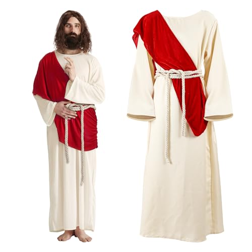 Pigmiss Herren Jesus Christus Erwachsenenkostüm Set mit Schalbund Altgriechische Robe Mittelalter Missionar Kostüm Ostern Halloween S von Pigmiss